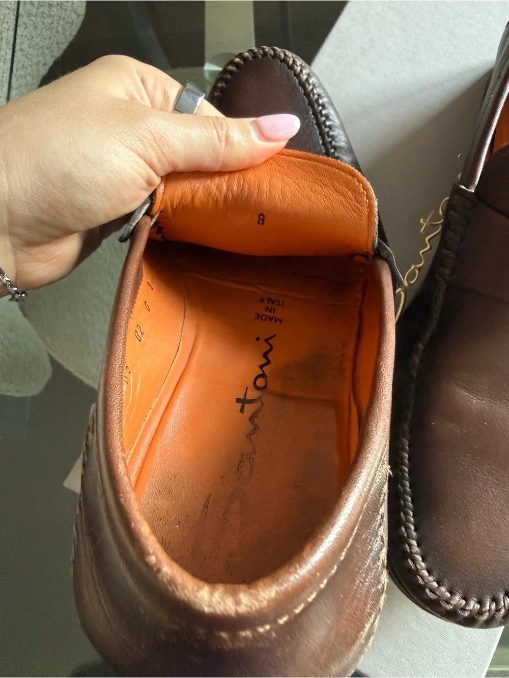 Santoni Brown Leather Penny Loafers with Moc Toe Stitching